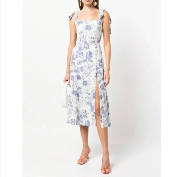 Reformation Twilight Dress White Blue Floral Print Tie Shoulders Size 12 Womens - Picture 1 of 13